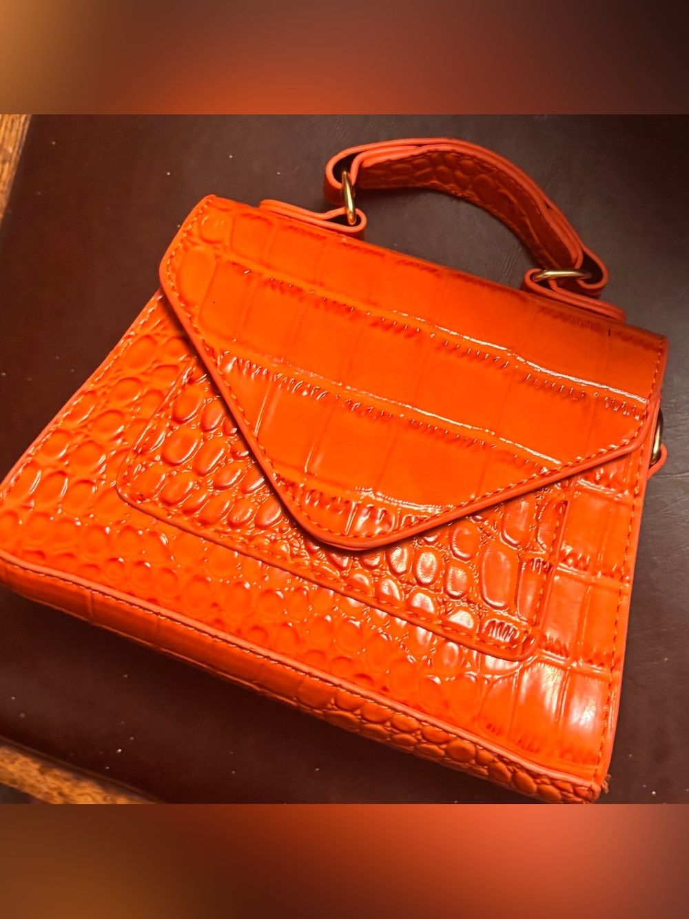 Orange Croc-Embossed Top Handle Crossbody Mini Bag - Like New - Picture 2 of 8